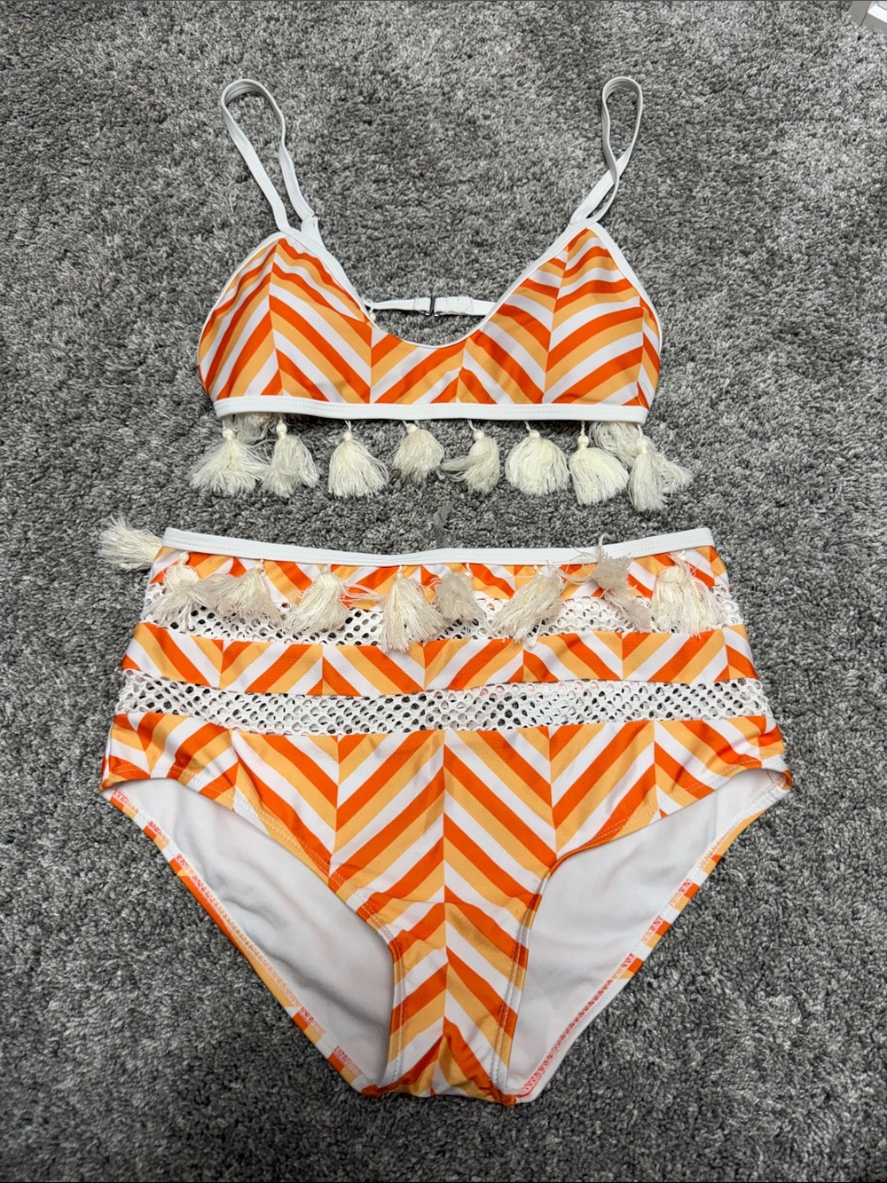 Orange & White Striped Tassel Bikini Set